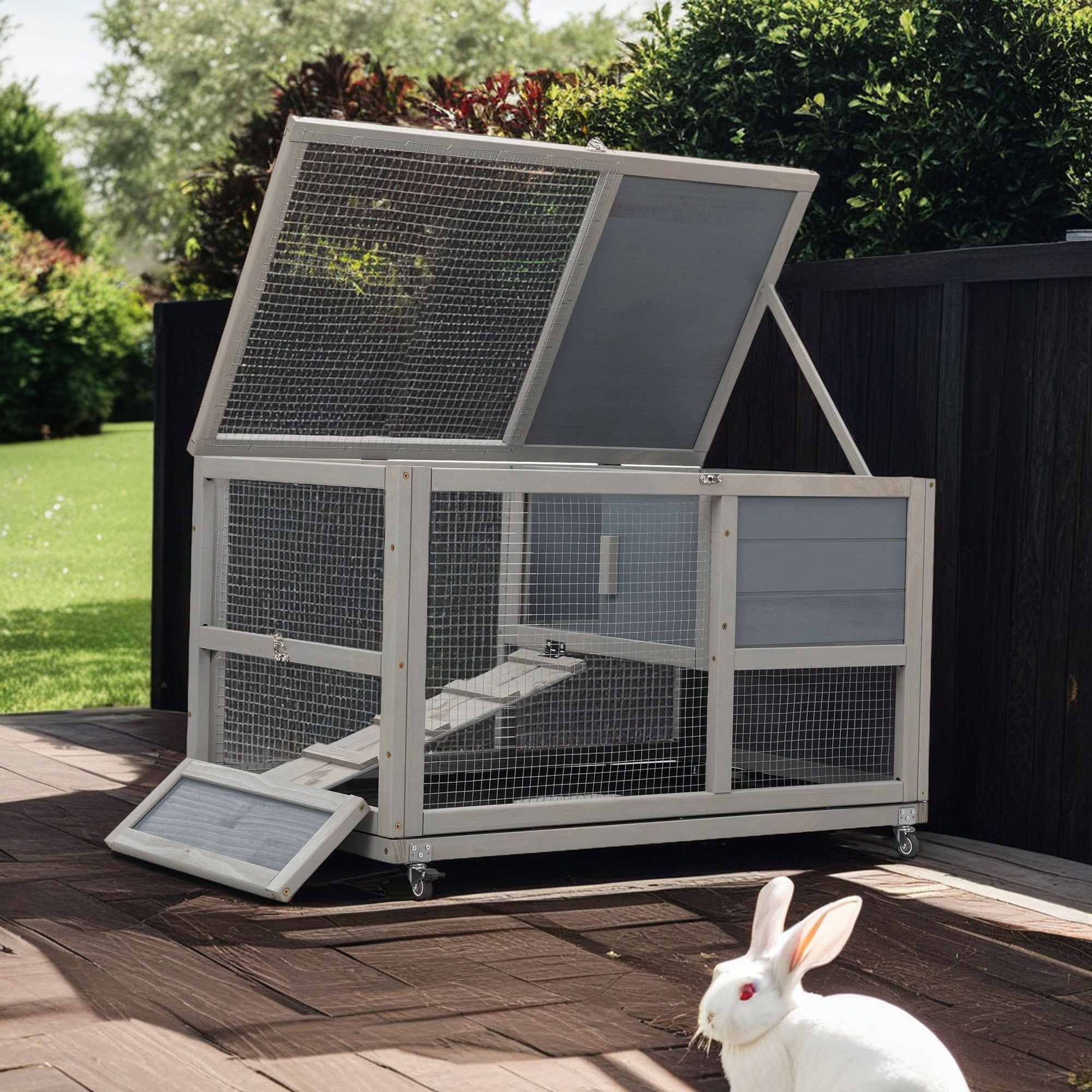 resenkos 35" Wooden 2-Tier Rabbit Hutch, Outdoor Bunny Cage with Wheels, Small Animal Pet Cage with Ramp, Tray, Doors, Openable Top, Lockable, Gray