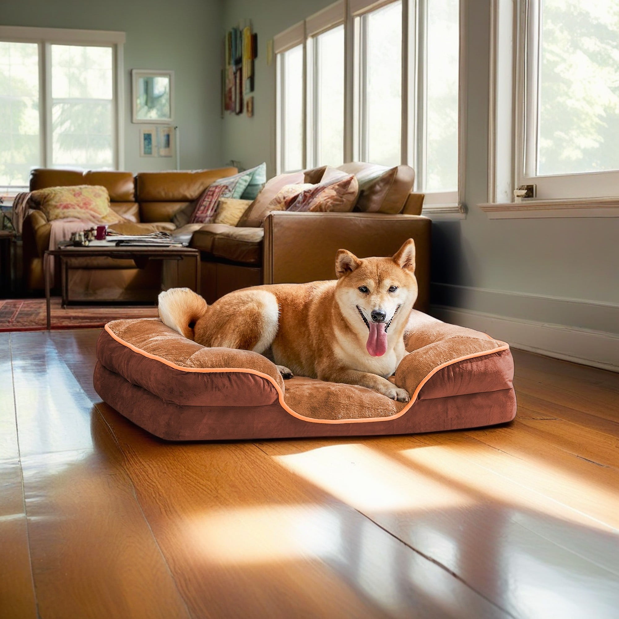 resenkos 35"x25" Orthopedic Dog Bed for Medium Dogs and Cats, Waterproof Dog Sofa Beds, Supportive Foam Pet Couch Bed with Removable Washable Cover, Brown