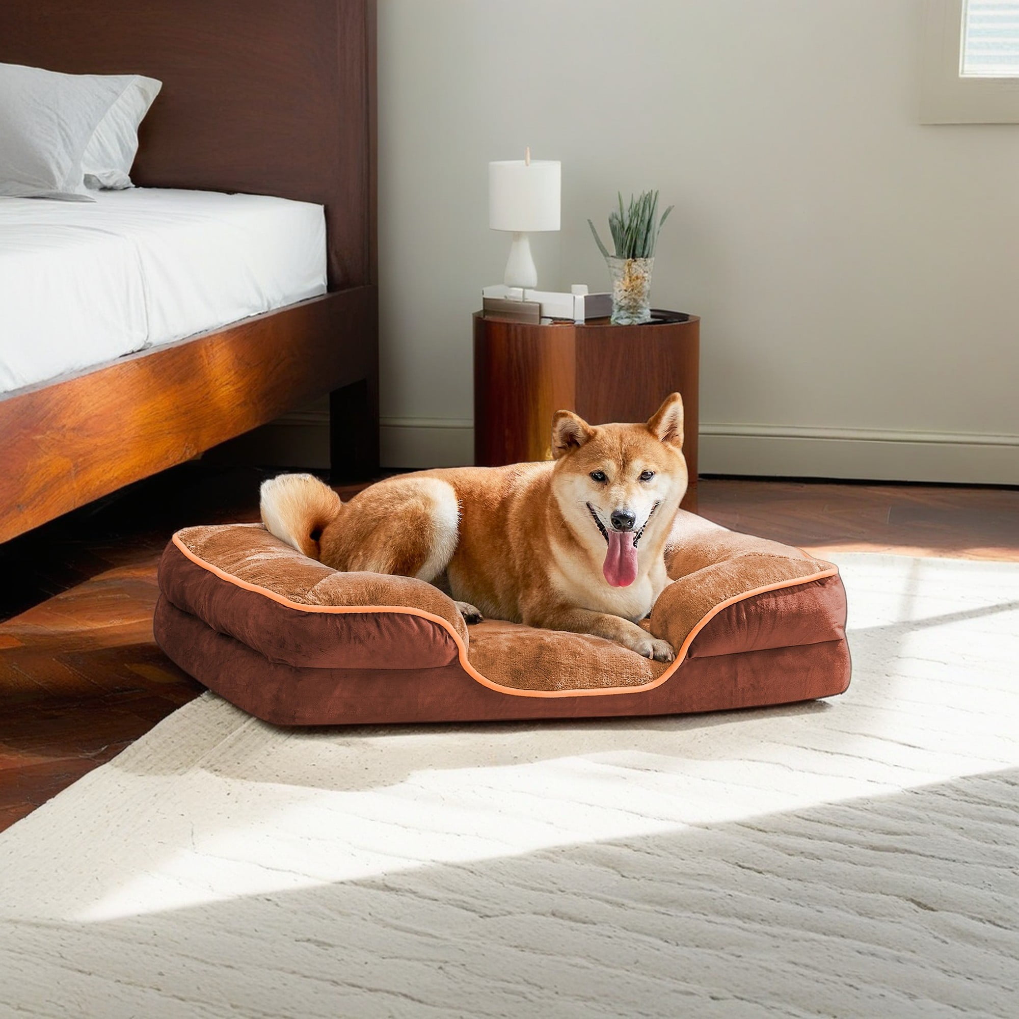 resenkos 35"x25" Orthopedic Dog Beds, Waterproof Memory Foam Dog Sofa Bed with Sides, Non-Slip Bottom Pet Bed with Washable Removable Cover, Brown