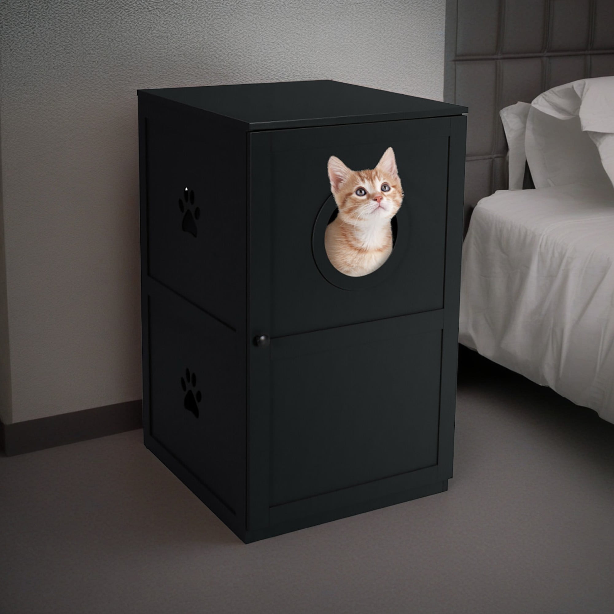 resenkos 36" 2-Story Furniture Style Cat Litter Box Enclosure, Hidden Cat Litter Box Furniture, Wood Cat House Washroom, Black