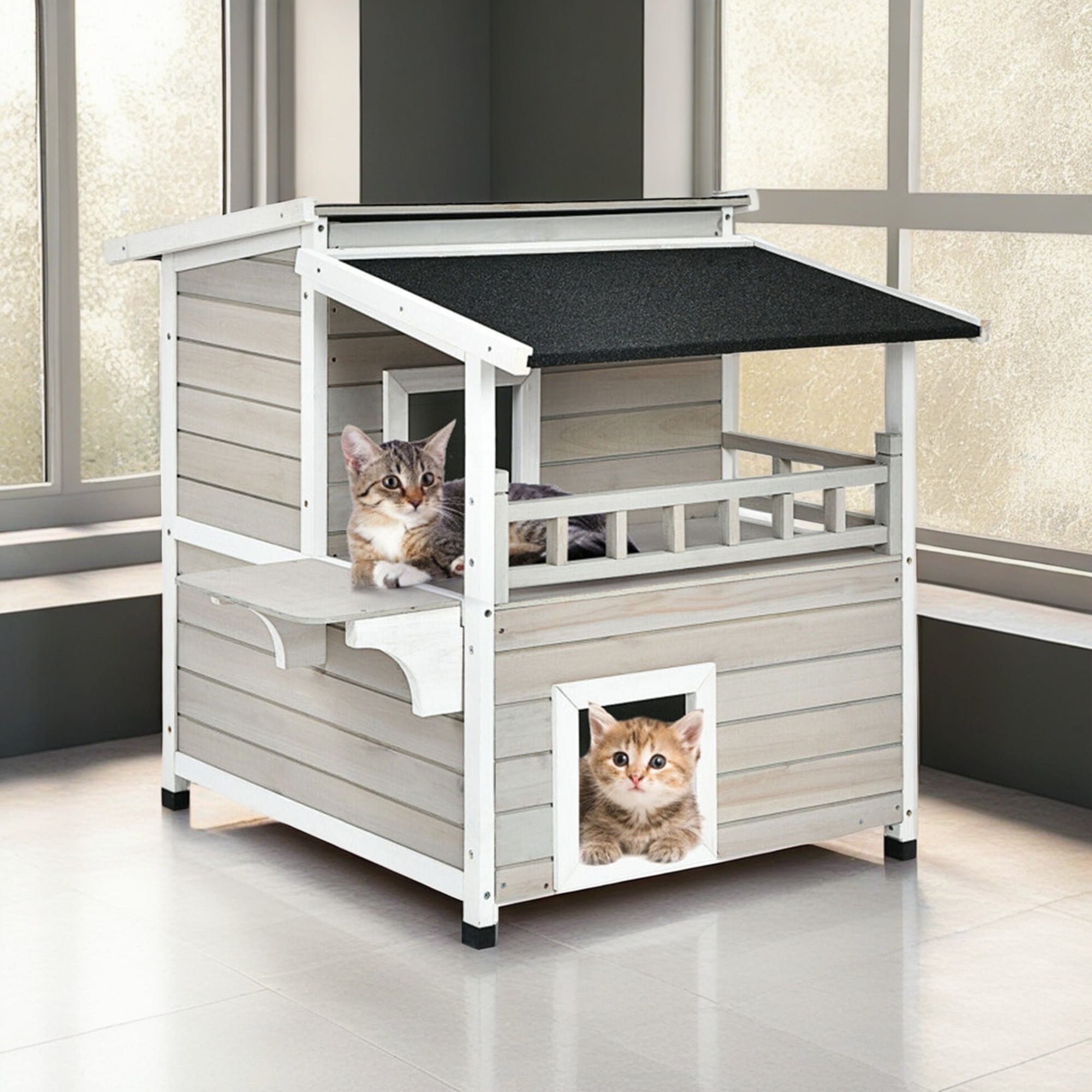 resenkos 36" 2-Story Outdoor Cat House with Large Balcony, Wooden Cat Condo,Patio Cat Shelter Catio for Small Medium Cats, Gray