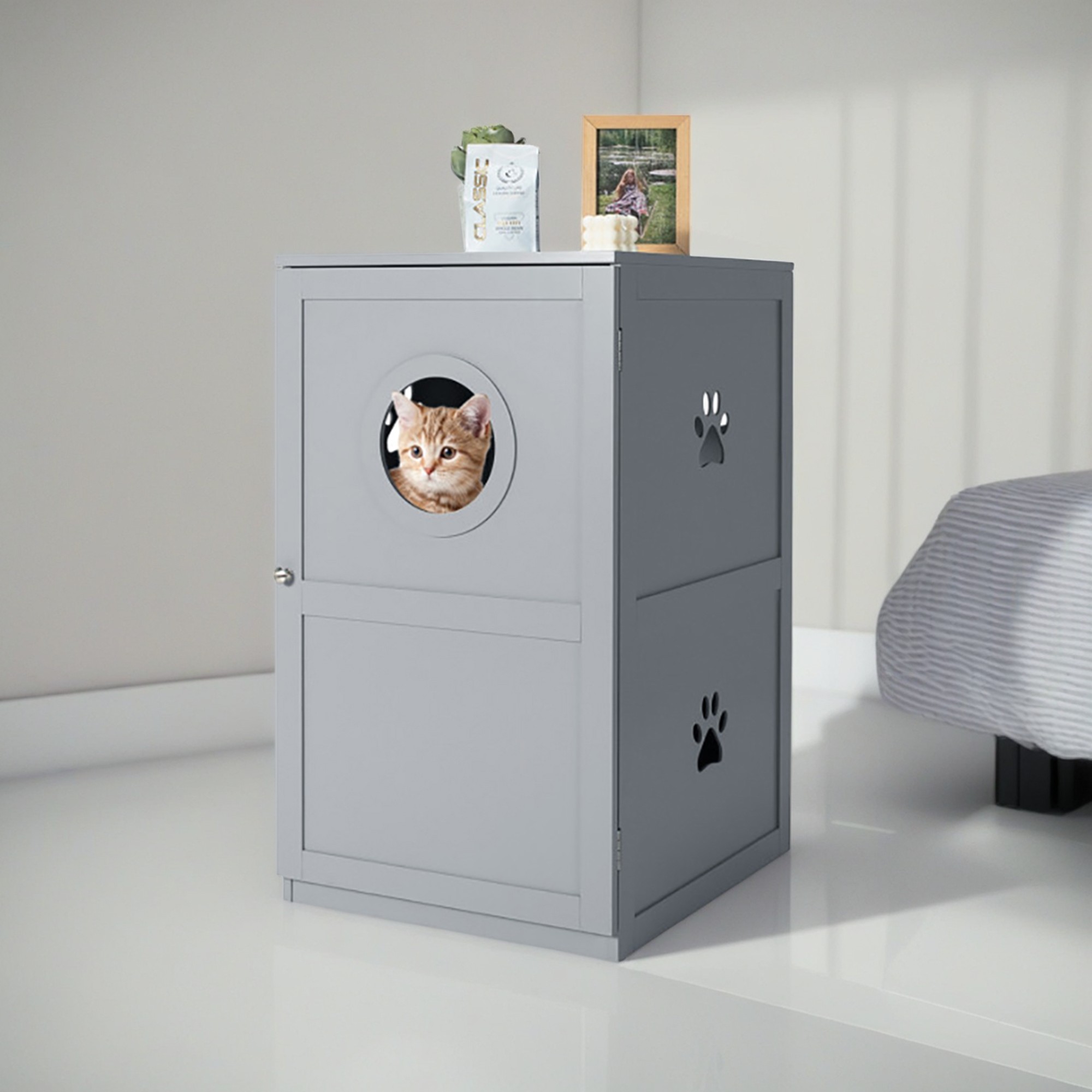 resenkos 36" 2-tier Cat House with Anti-toppling Device, Hidden Cat Litter Box Furniture, Gray