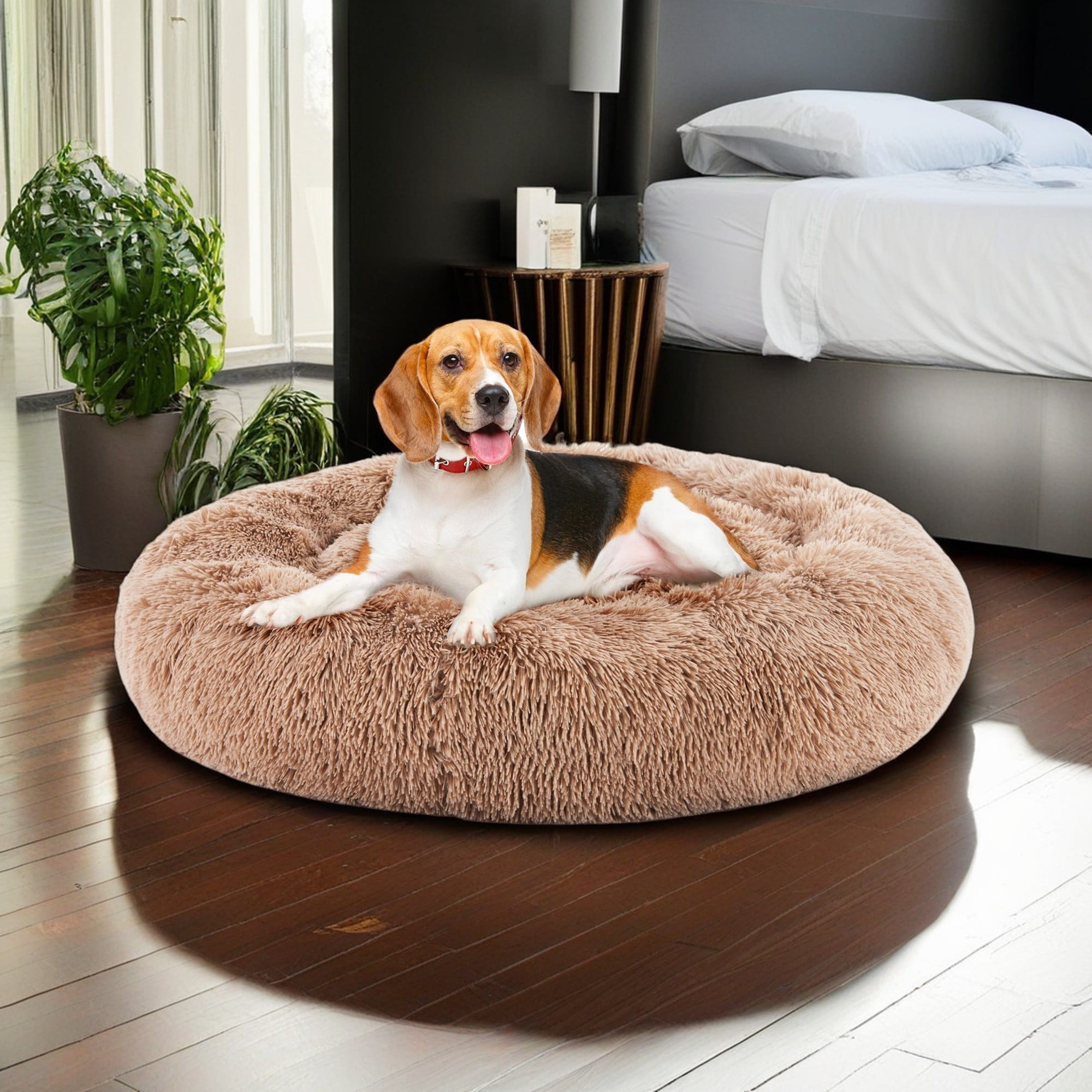 Kadyn 36" Calming Dog Bed Sofa, Anti-Slip Round Fluffy Plush Pet Cat Bed, Anti-Anxiety Donut Cuddler Warming Cozy Soft Round Cushion Bed for Indoor, Beige