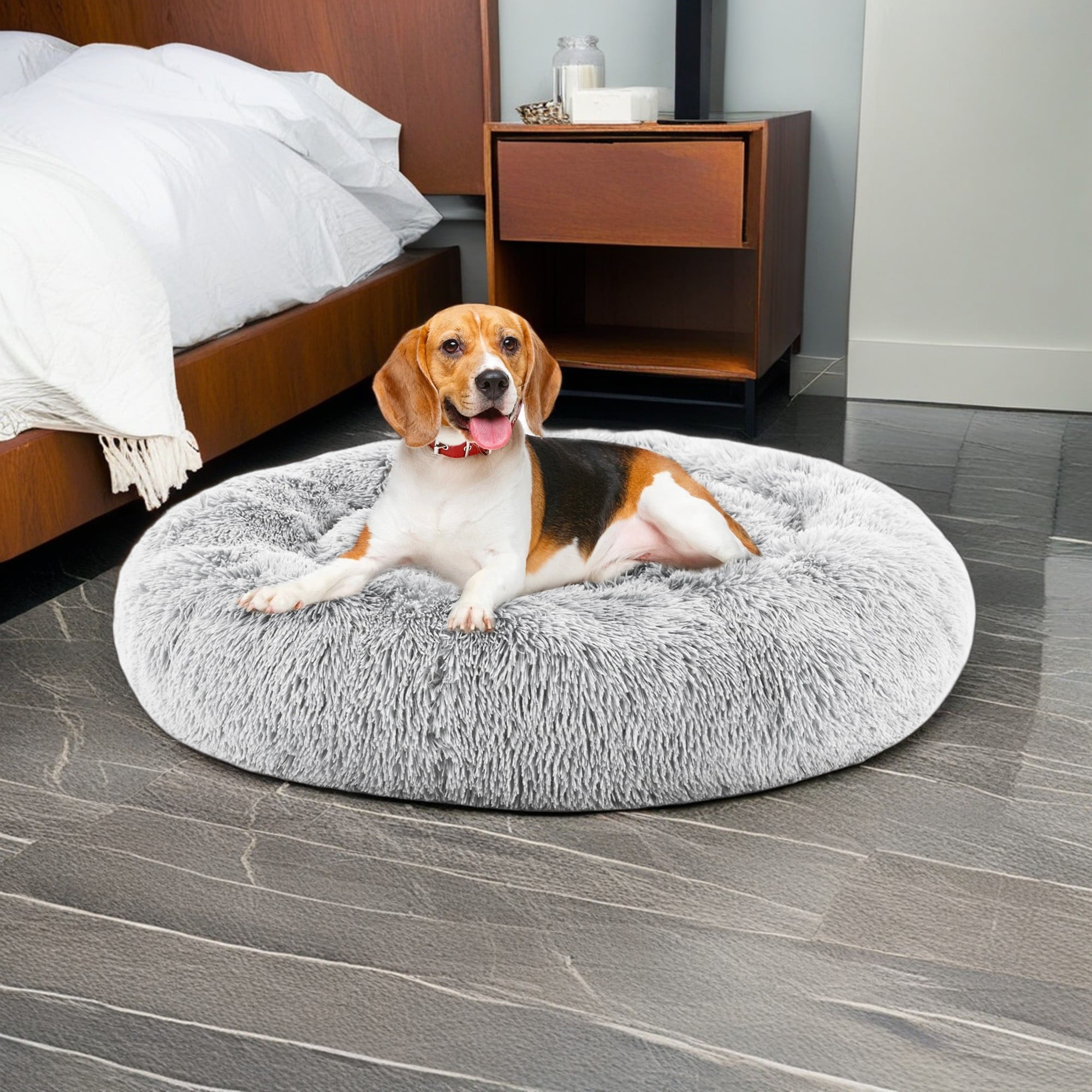resenkos 36" Calming Dog Bed Sofa, Anti-Slip Round Fluffy Plush Pet Cat Bed, Anti-Anxiety Donut Cuddler Warming Cozy Soft Round Cushion Bed for Indoor, Gray