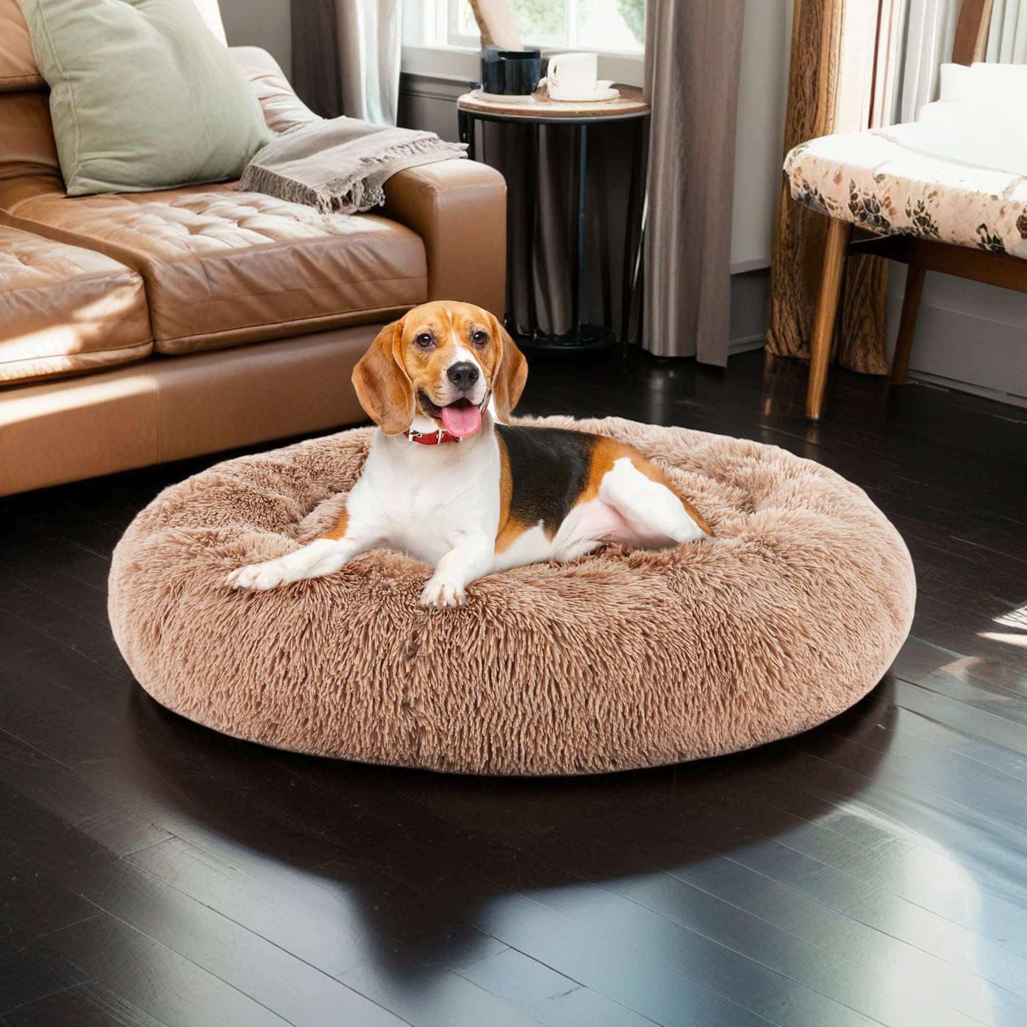 resenkos 36" Calming Dog and Cat Beds for Small Medium Dogs, Anti-Anxiety Donut Cuddler Warming Cozy Soft Round Pet Sofa Bed, Beige