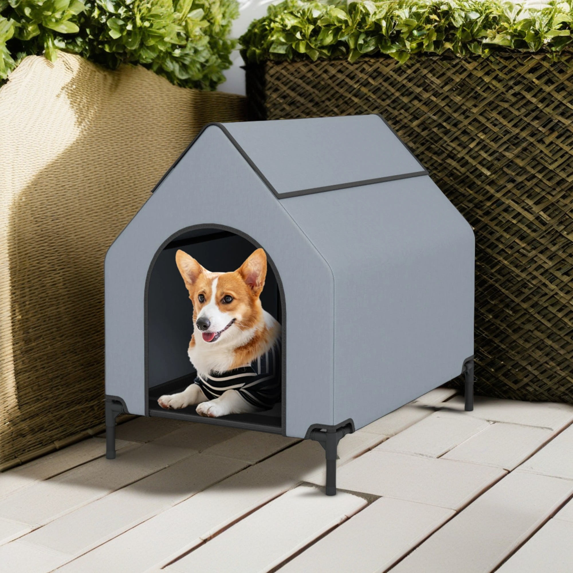 Demi Bonn 36" Dog House for Small Dogs Indoor or Outside, Weatherproof 600D PVC Dog Kennel Outdoor with Ventilated Windows, Elevated Dog Cooling Bed, Gray
