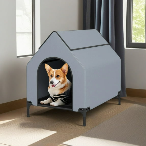 Demi Bonn 36" Dog House for Small Dogs, Outside Elevated Dog Bed, Weatherproof Dog Kennel for Indoor and Outdoor, Portable Dog Shelter Cot with Ventilated Windows, Gray