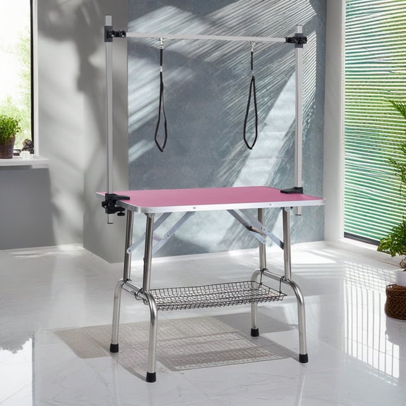 Demi Bonn 36" Dog Pet Grooming Table, Adjustable Arm Foldable Non-Slip Top, Rust-Proof, Waterproof, Warp-Free Trimming Table for Pets, Pink