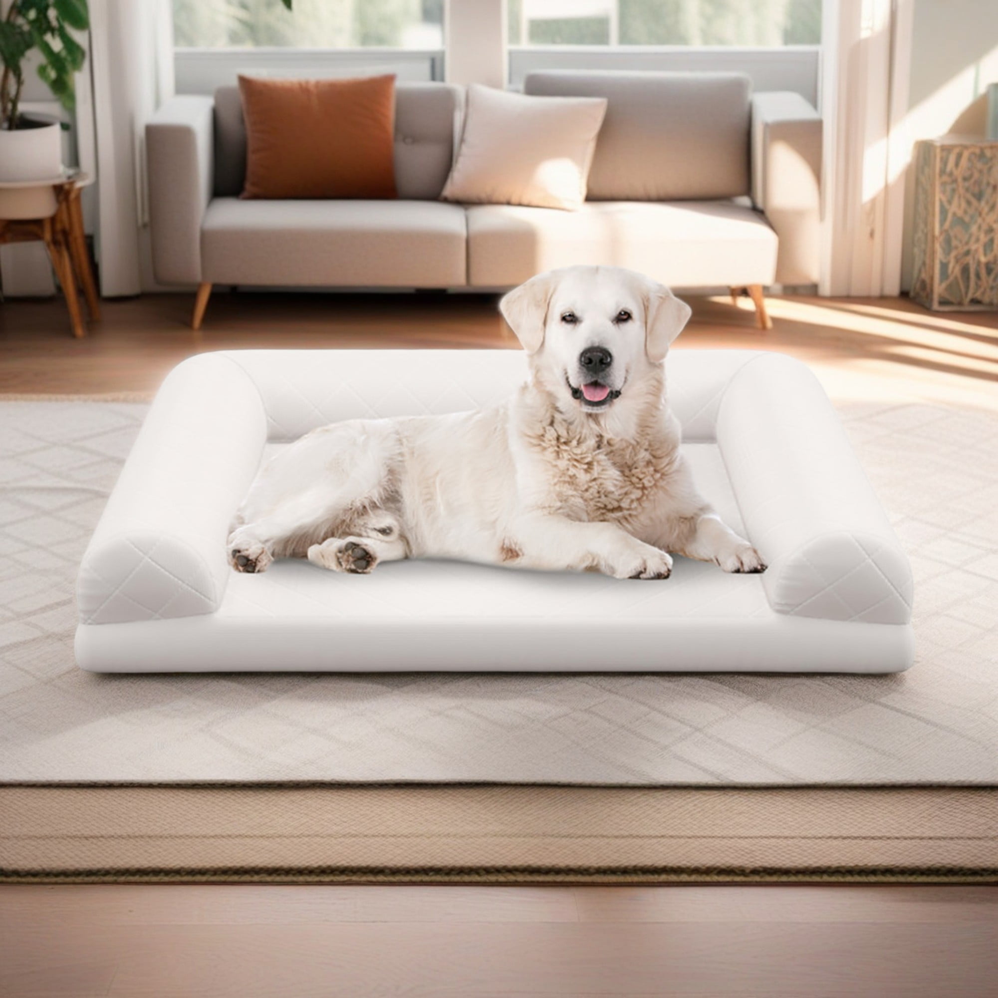 Kadyn 36" Egg-Foam Dog Bed with 3-Side Bolster, Pet Sofa Bed for Small Medium Dogs, Removable Washable Bed Cover Dog Crate Bed, Beige