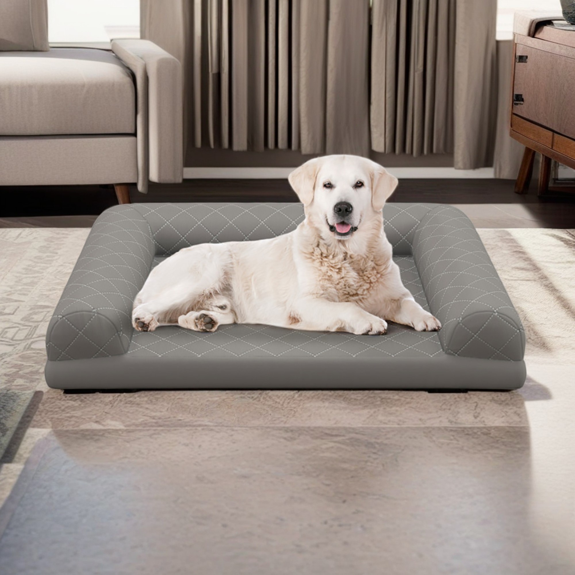 resenkos 36" Egg-Foam Dog Bed with 3-Side Bolster, Pet Sofa Bed for Small Medium Dogs, Removable Washable Bed Cover Dog Crate Bed, Gray