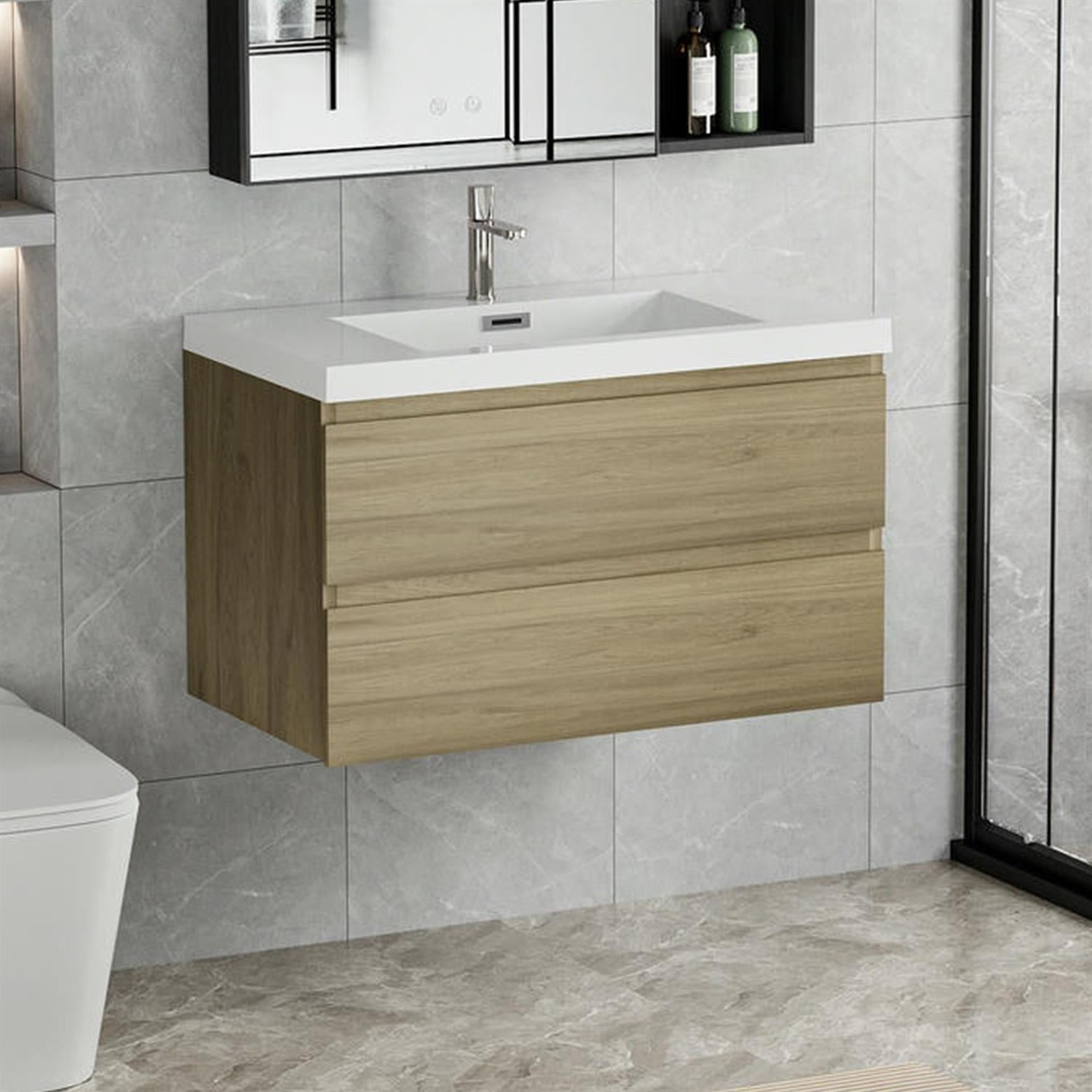 Demi Bonn 36" Floating Bathroom Vanity with Sink, Resin Top Basin and 2 Soft Close Drawers, Faucets and Drains Not Included, Brown