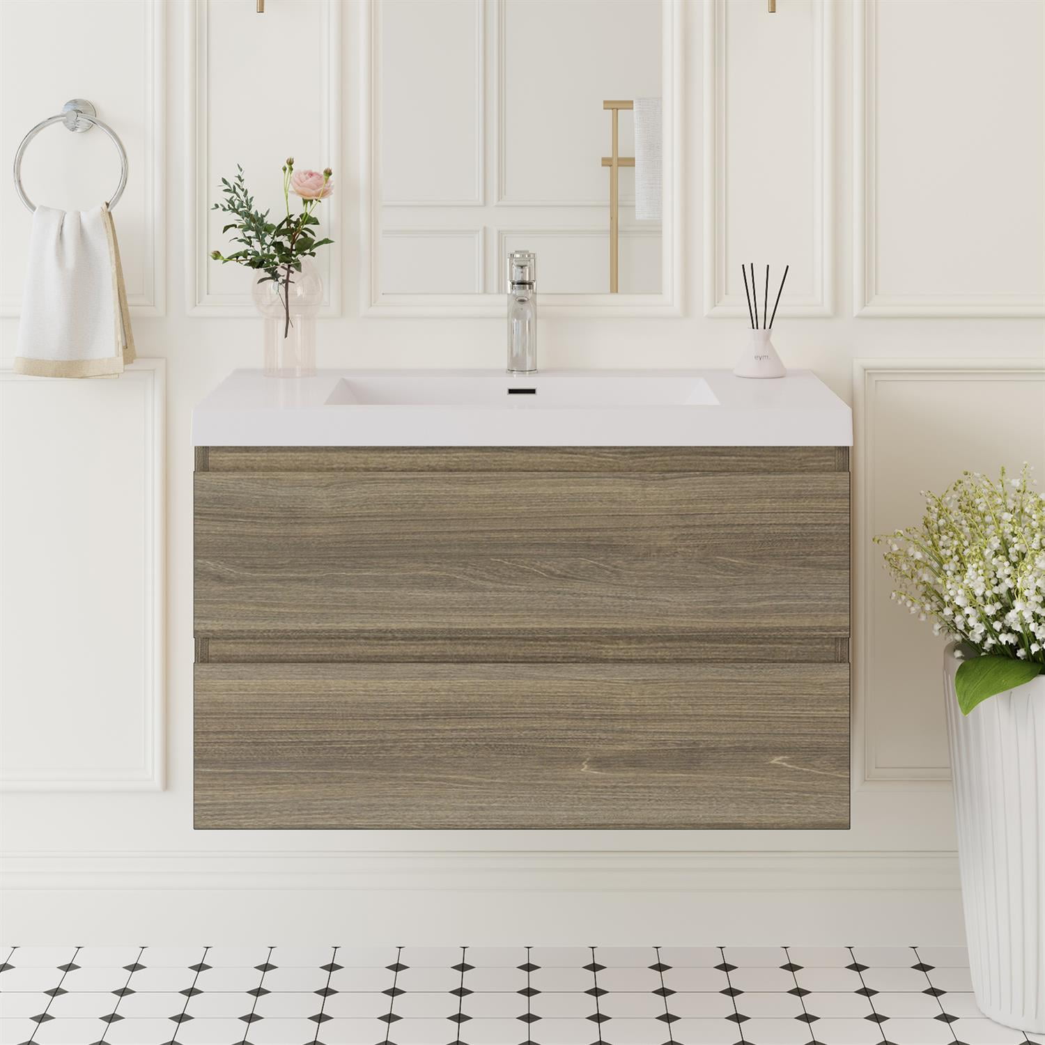 Demi Bonn 36" Floating Bathroom Vanity with Sink, Resin Top Basin and 2 Soft Close Drawers, Faucets and Drains Not Included, Gray