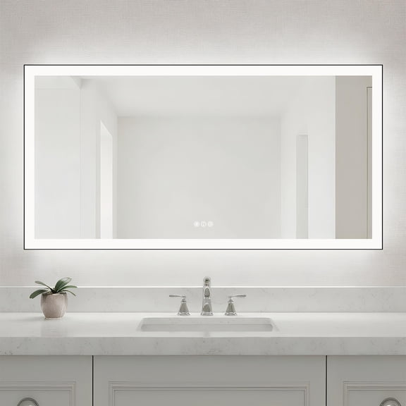 Demi Bonn 72x36 Inch LED Bathroom Mirror, Black Frame, Hammer-Resistant, Anti-Desilvering, 50,000-Hour LEDs, Ultra-Bright Dual Lights, Touch Dimming, Defog, 1" Aluminum Frame