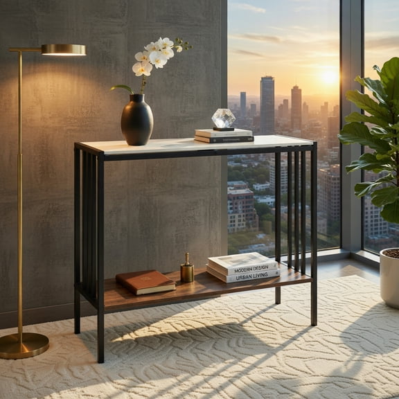 Demi Bonn 36-Inch Industrial Console Table, 2-Tier Sintered Stone Top & Metal Frame, Waterproof Scratch-Resistant, White