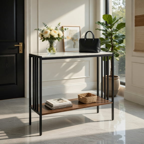 Demi Bonn 36 Inch Industrial Console Table with Sintered Stone Top, 2-Tier Foyer Accent Table for Entryway, Living Room & Dining Room, Rustic Brown