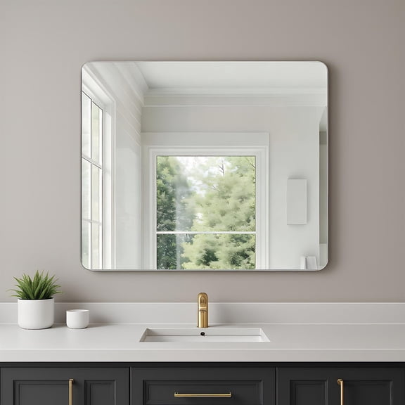 Demi Bonn 36x30 Inch Rounded Corner Wall Mirror, Brushed Silver Frame, Hammer-Resistant, Anti-Desilvering, True Reflection, Durable Frame