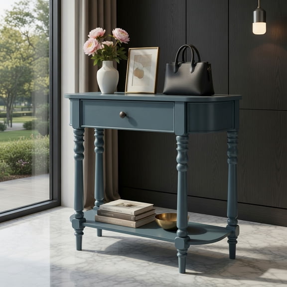 Demi Bonn 36 Inch Retro Narrow Behind Couch Table, Two-Tier Entryway Table with Drawer & Open Shelf for Living Room, Blue