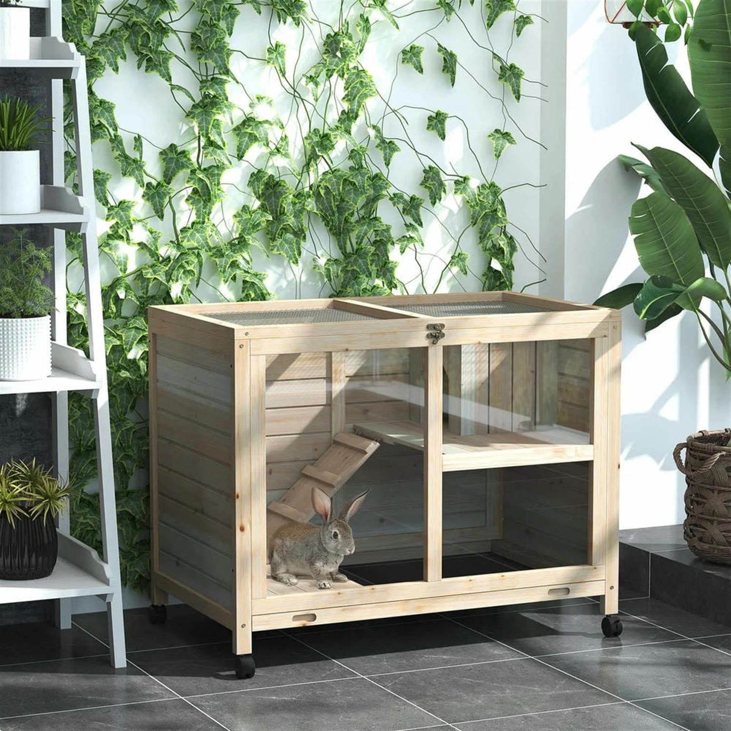 Kadyn 36" Indoor Wooden Rabbit Hutch with Openable Roof, Removable Tray and Wheels, Outdoor Bunny Cage for Bunnies, Guinea Pigs, Beige