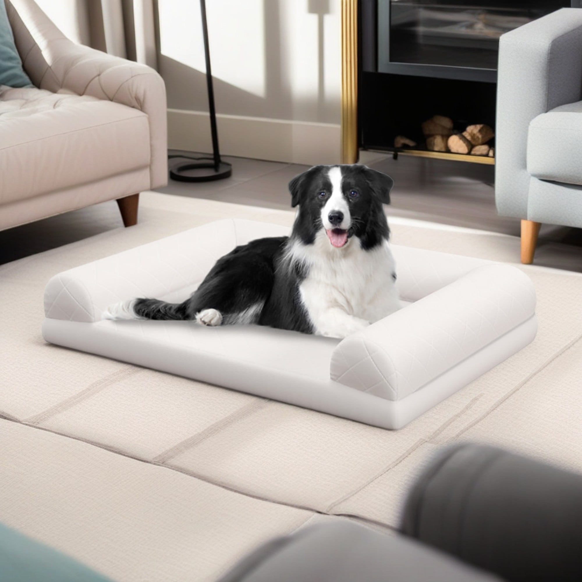 resenkos 36" Pet Dog Crate Bed with 3-Side Bolster, Dog Bed Sofa Furniture, Cat Sofa Beds with Removable Washable Bed Cover, Beige