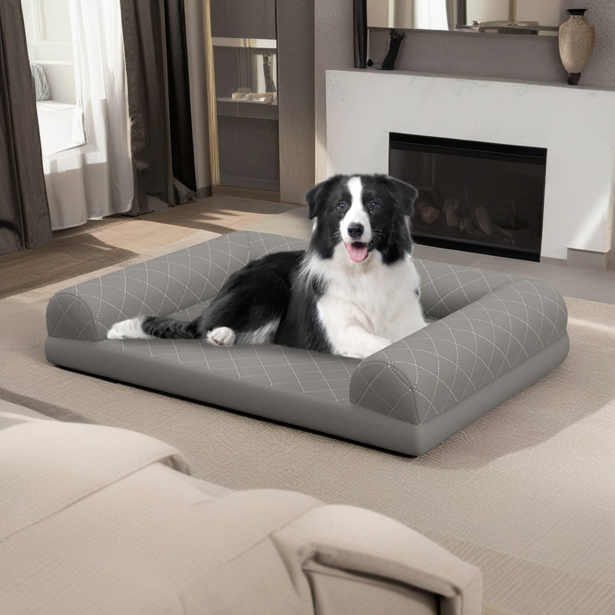 Kadyn 36" Pet Dog Crate Bed with 3-Side Bolster, Dog Bed Sofa Furniture, Cat Sofa Beds with Removable Washable Bed Cover, Gray