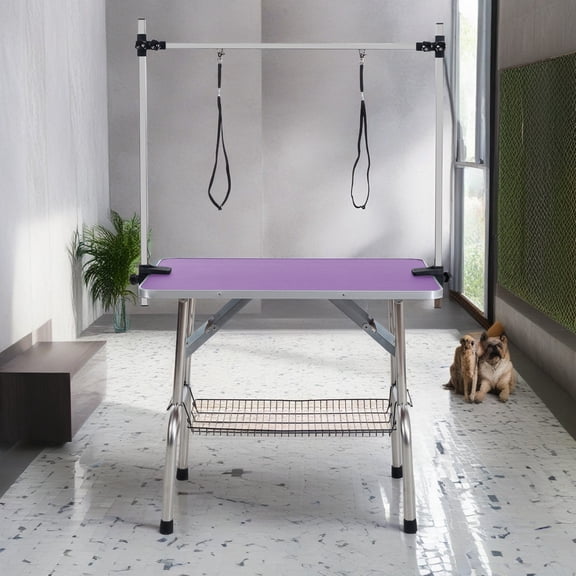 Demi Bonn 36" Pet Grooming Table for Large Dogs Adjustable Height Portable Trimming Table Drying Table w/Arm/Noose/Mesh Tray, Purple