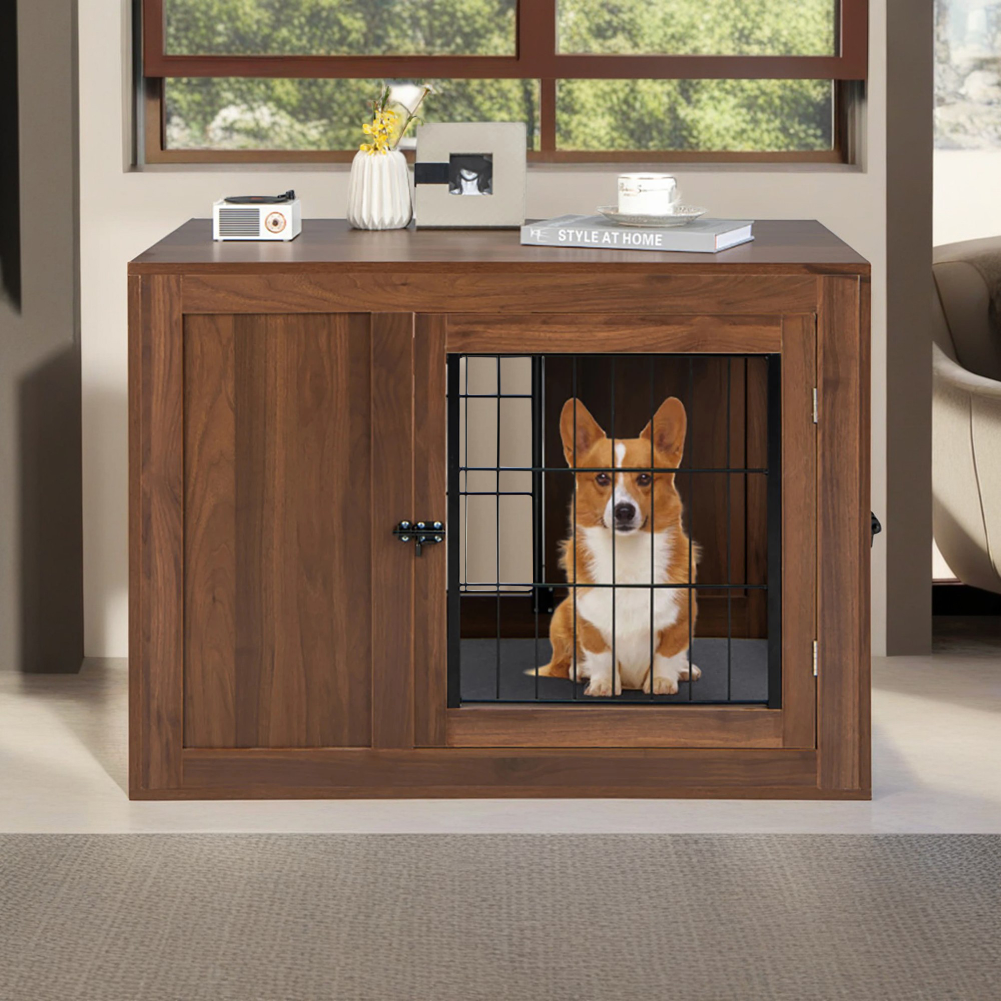 Kadyn 36" Wood Dog Crate Furniture with Door Lock and Cushion, Indoor Decorative Double Doors Dog Cage for Small Dogs, Brown
