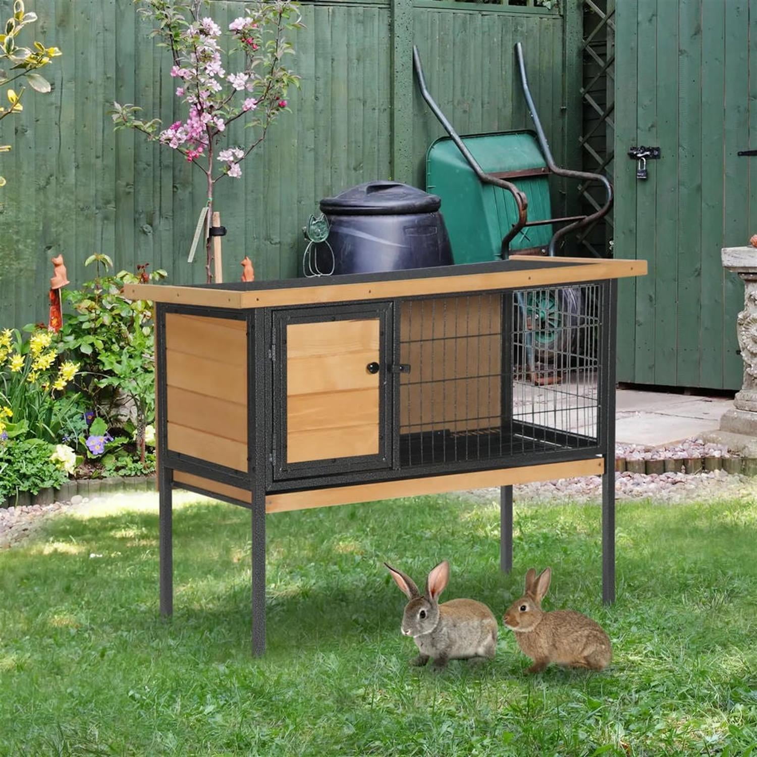 Kadyn 36" Outdoor Rabbit Hutch with Slide-out Tray and Openable Roof, Wooden Small Animal Habitat Enclosure Bunny Cage for Bunnies, Guinea Pigs, Beige