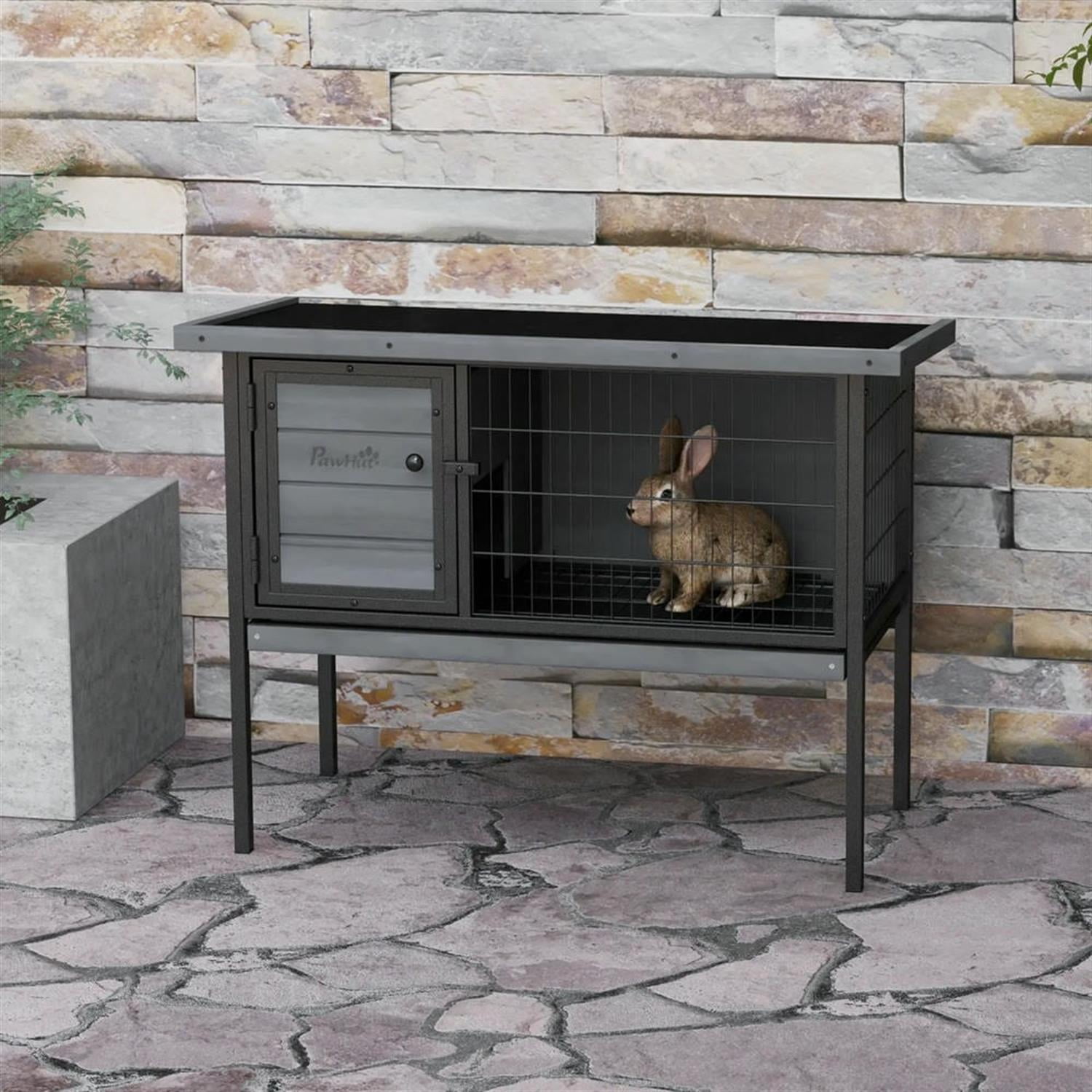 Kadyn 36" Outdoor Rabbit Hutch with Slide-out Tray and Openable Roof, Wooden Small Animal Habitat Enclosure Bunny Cage for Bunnies, Guinea Pigs, Gray