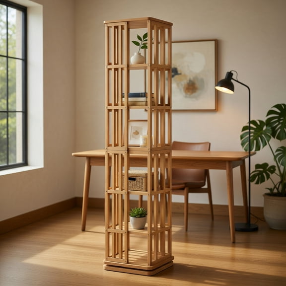 Demi Bonn 360 Rotating Bamboo Bookshelf Tower, 6-Tier Floor Standing Spinning Bookcase, Space-Saving Narrow Storage Rack for Books, Media & Decor, Brown