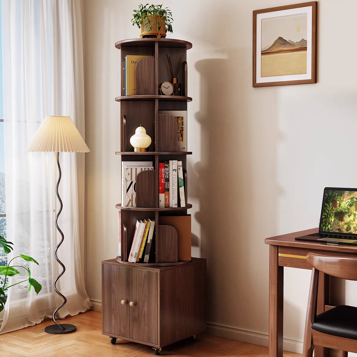Demi Bonn 360° Rotating Bookcase Tower, 5-Tier Floor Standing Wooden Bookshelf with Wheels and Drawer for Bedroom, Living Room, Office, Brown