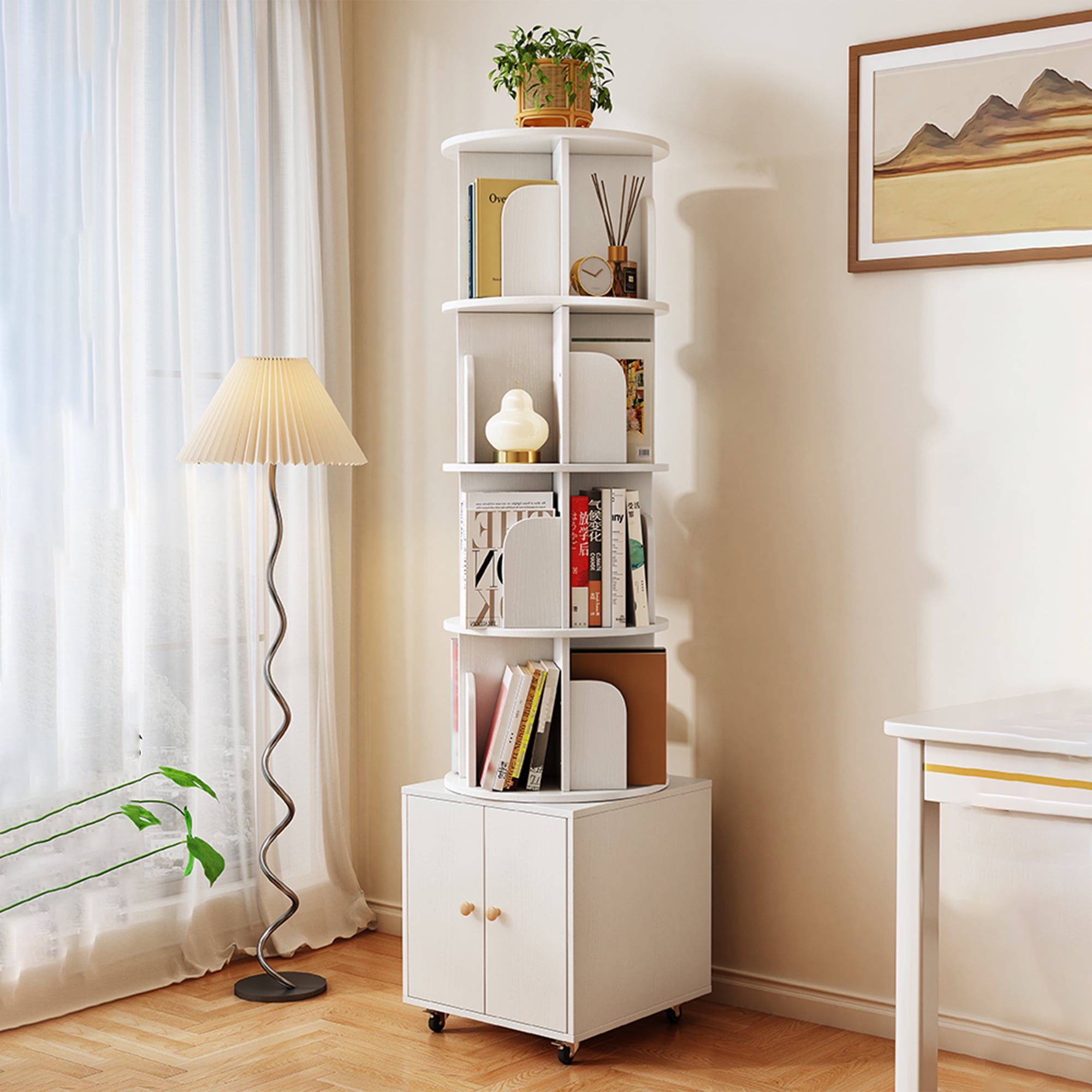Demi Bonn 360° Rotating Bookcase Tower, 5-Tier Floor Standing Wooden Bookshelf with Wheels and Drawer for Bedroom, Living Room, Office, White