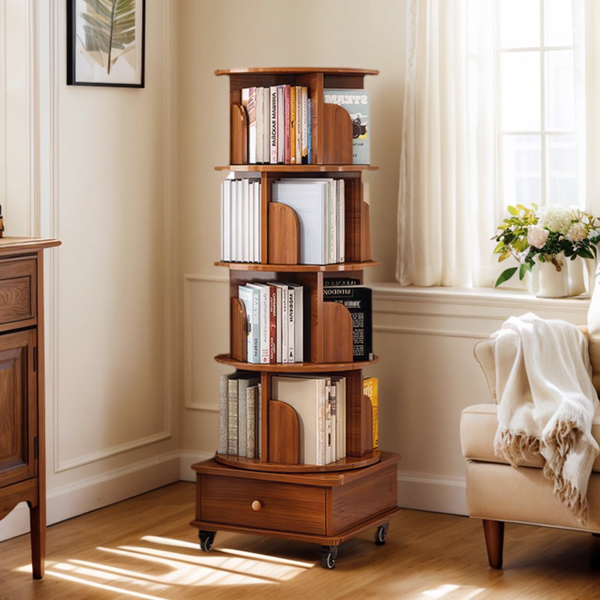 Demi Bonn 360° Rotating Bookcase Tower, 5-Tier Round Wooden Bookshelf with Wheels and Drawer for Bedroom, Living Room, Office, Brown