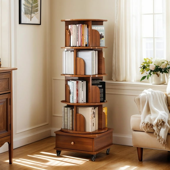Demi Bonn 360° Rotating Bookcase Tower, 5-Tier Round Wooden Bookshelf with Wheels and Drawer for Bedroom, Living Room, Office, Brown