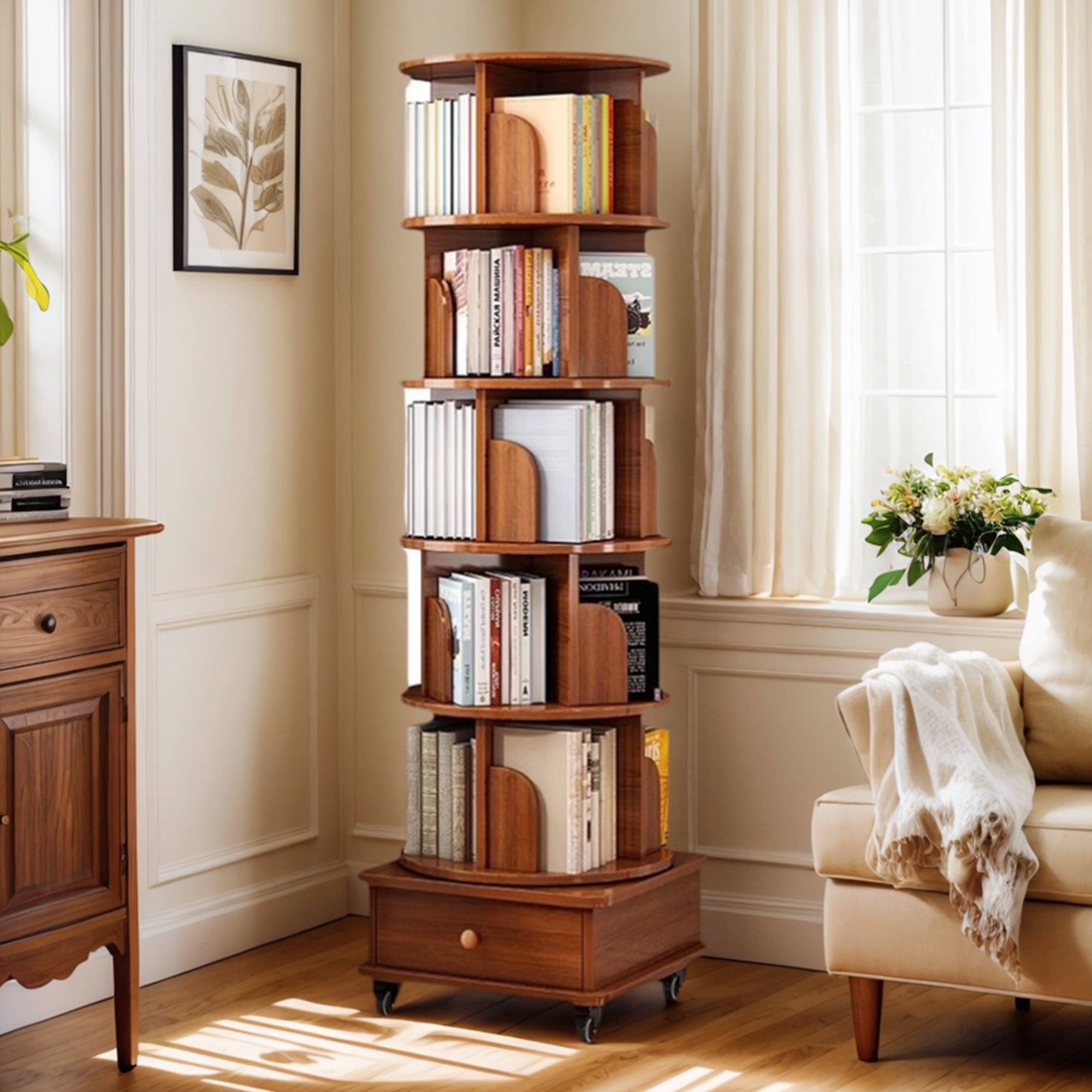 Demi Bonn 360° Rotating Bookcase Tower, 6-Tier Round Wooden Bookshelf with Wheels and Drawer for Bedroom, Living Room, Office, Brown