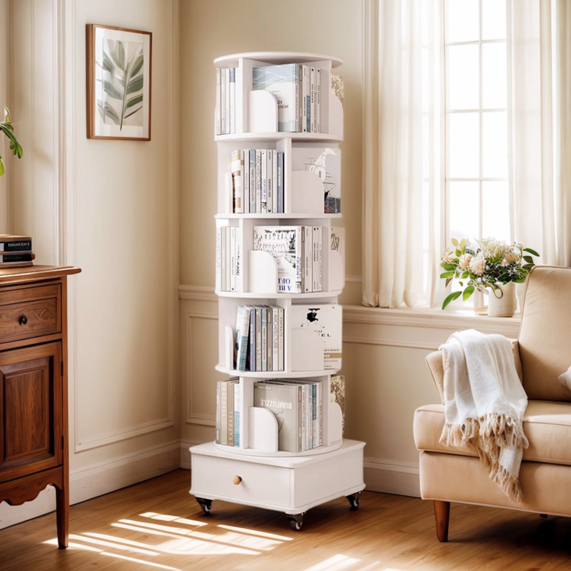 Demi Bonn 360° Rotating Bookcase Tower, 6-Tier Round Wooden Bookshelf with Wheels and Drawer for Bedroom, Living Room, Office, White