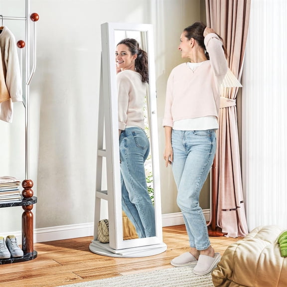 Demi Bonn 360° Swivel Jewelry Armoire, Lockable Jewelry Cabinet with Full-Length Mirror, Storage Shelves for Bedroom, White
