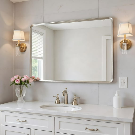 Demi Bonn 36x24 Inch Rounded Corner Wall Mirror, Brushed Silver Frame, Anti-Desilvering, Unbreakable Tempered Glass, High Color Accuracy, Distortion-Free, Stable Mount