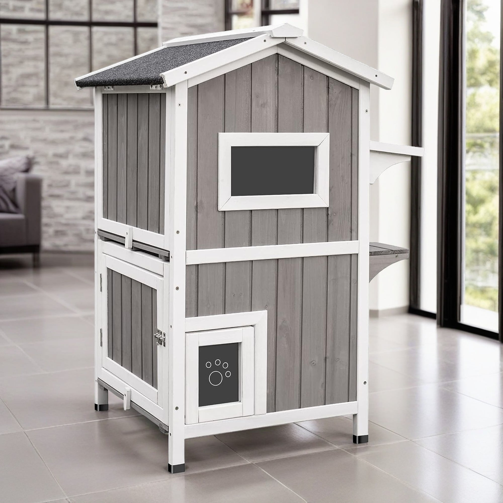 resenkos 37" 2-Story Cat House for Outdoor Cats, Weatherproof Cat Shelter with Escape Door, Wood Cat Condo for 3 Adult Cats, Gray