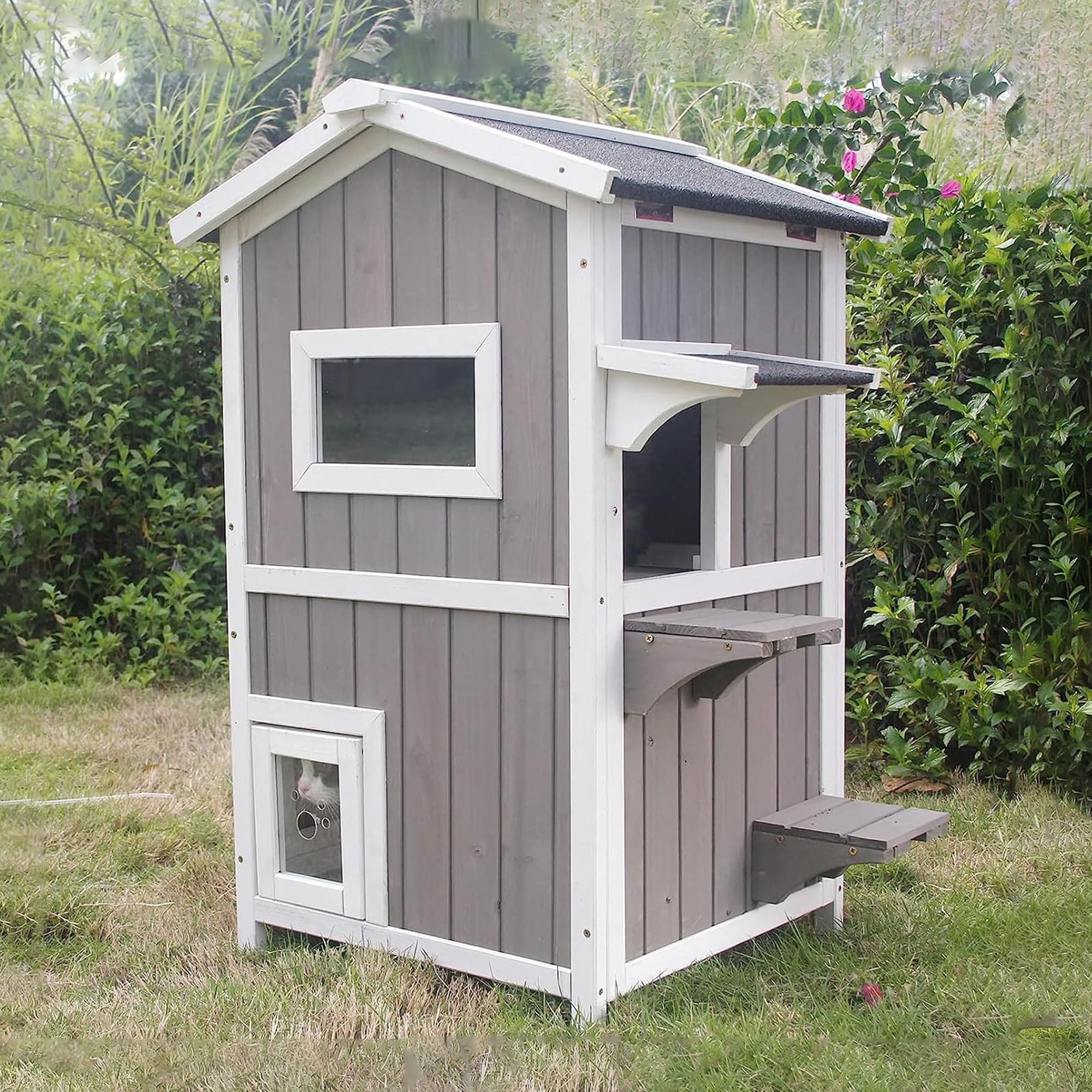 resenkos 37" Cat House for Outdoor Cats, 2-Story Wood Cat Condo Weatherproof Cat Shelter with and Escape Door, Gray