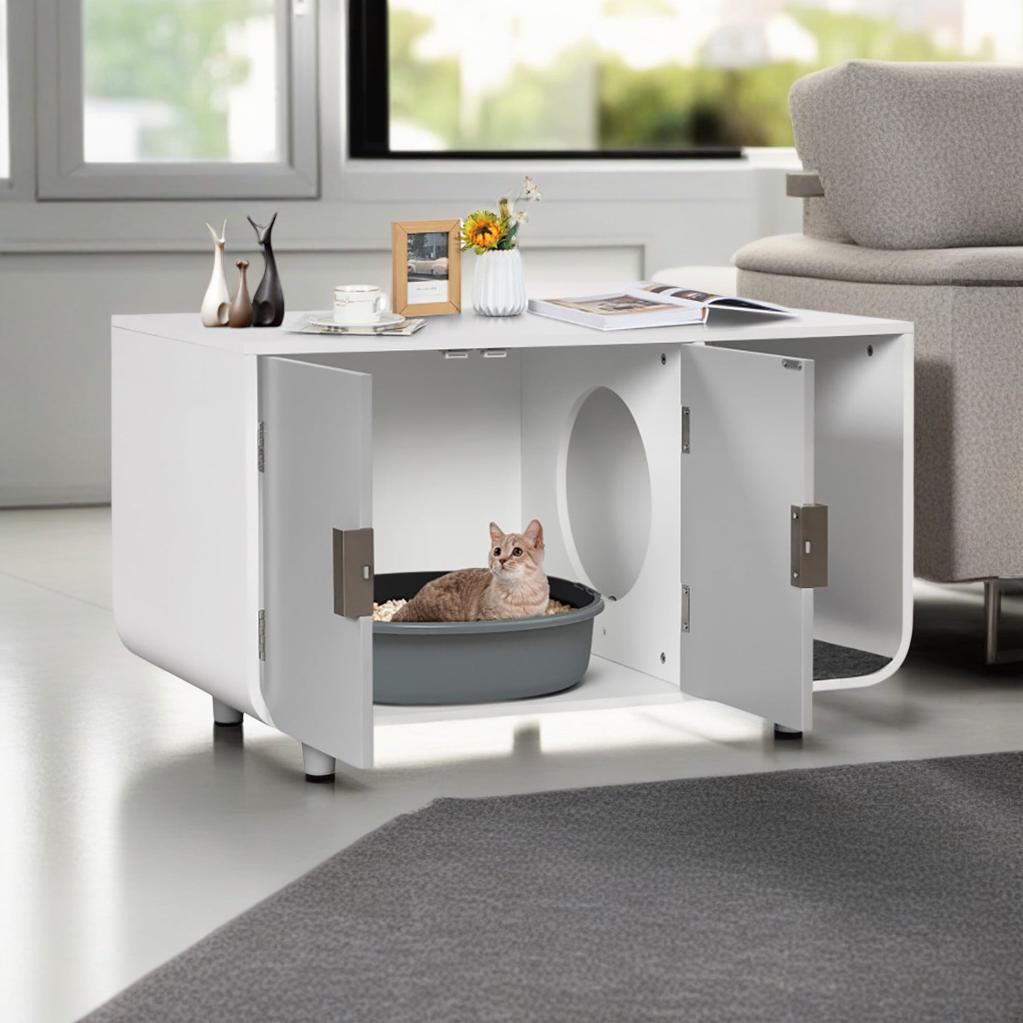 Kadyn 37" Cat Litter Box Enclosure, Modern Cat Litter Box Furniture Hidden, Indoor Cat House with Removable Mat, Gray