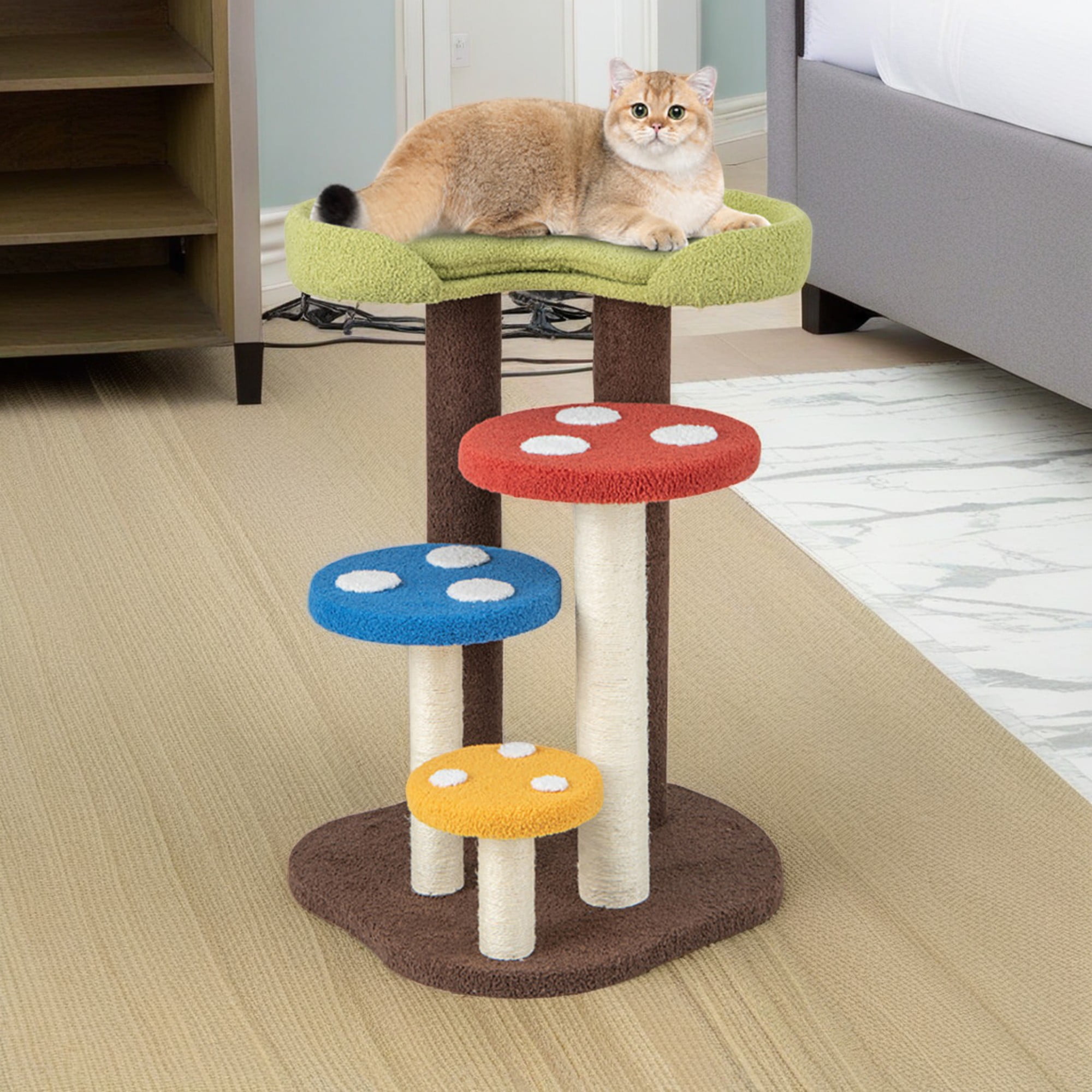 resenkos 37" Cat Tree Tower with Sisal-Covered Scratching Post, 3-In-1 Mushroom Cat Condo with Padded Perch, for Small Spaces, Kittens, Multicolor