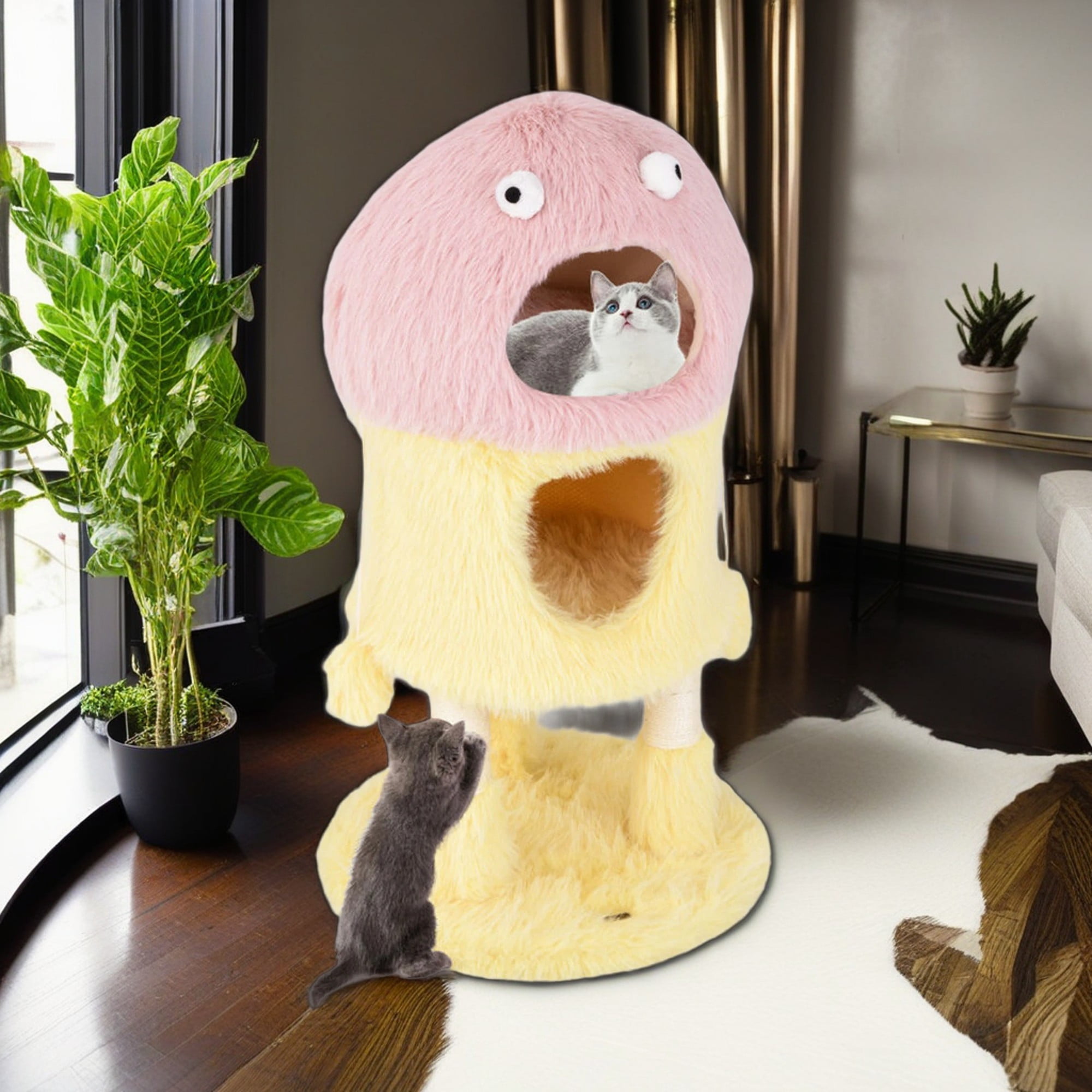 resenkos 37" Cute Monster-Themed Cat Tree Tower with 2 Private Cat Condos for Small Place, Yellow