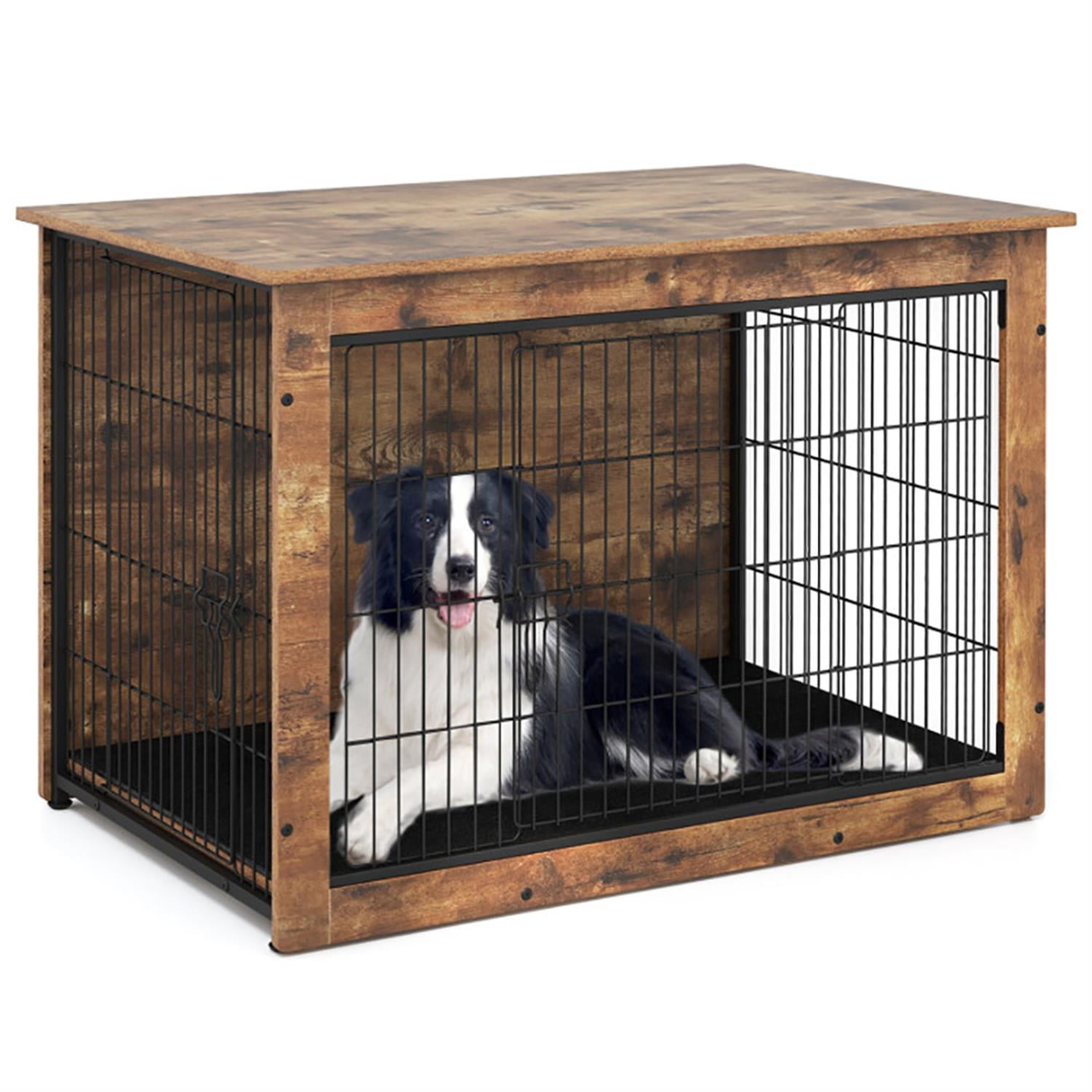 Demi Bonn 37" Dog Crate Furniture with Cushion, Wooden Kennel Table with Double Doors, Indoor Dog House for Medium Dogs, Brown