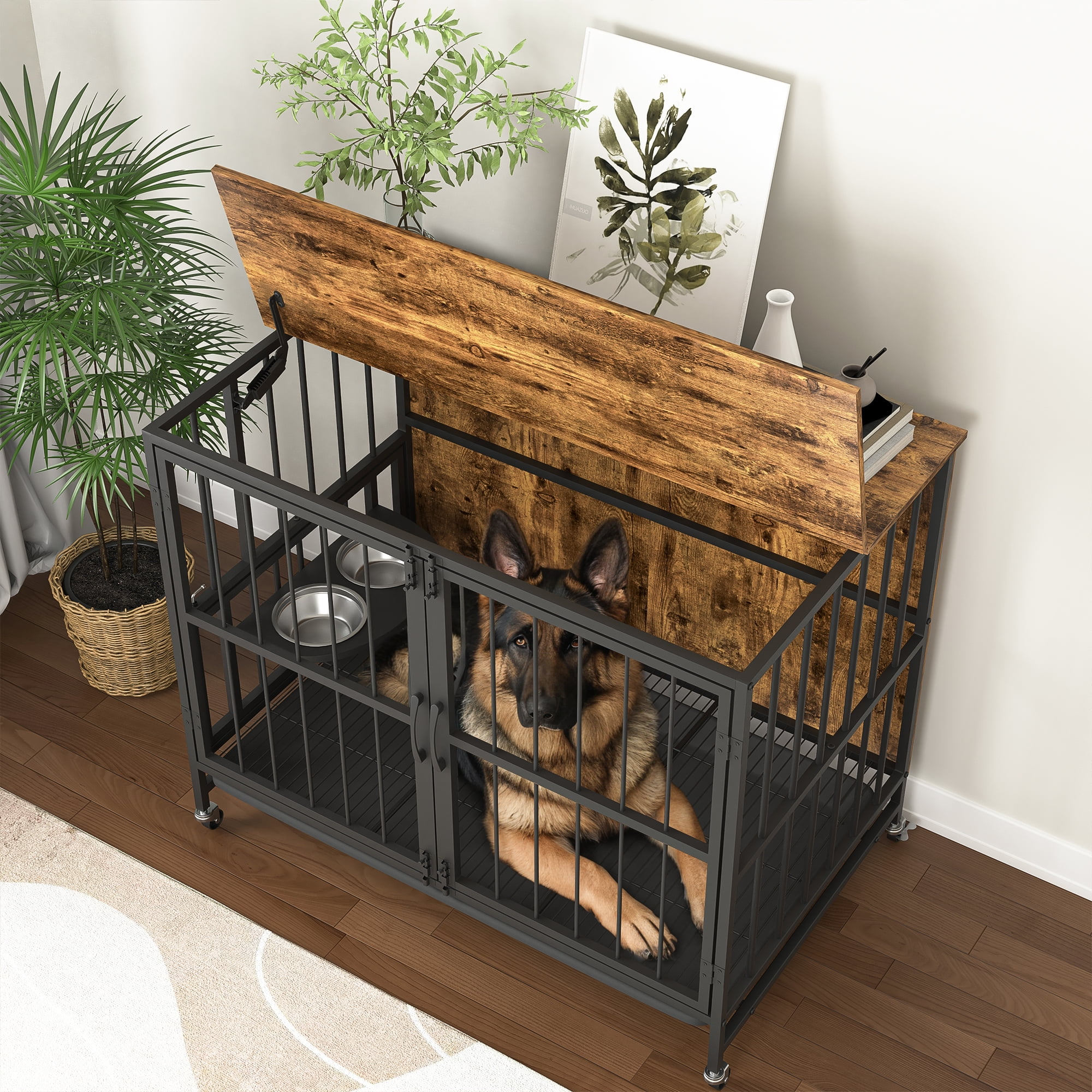 Demi Bonn 37" Dog Crate with Feeding Bowl, Wheels, FlipUp Top Opening