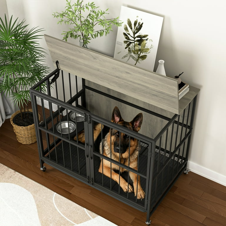 Demi Bonn 37 Dog Crate with Feeding Bowl Wheels Flip Up Top Opening Kennel with Trays Furniture Style Dog Cage for Indoor Dogs Gray Walmart