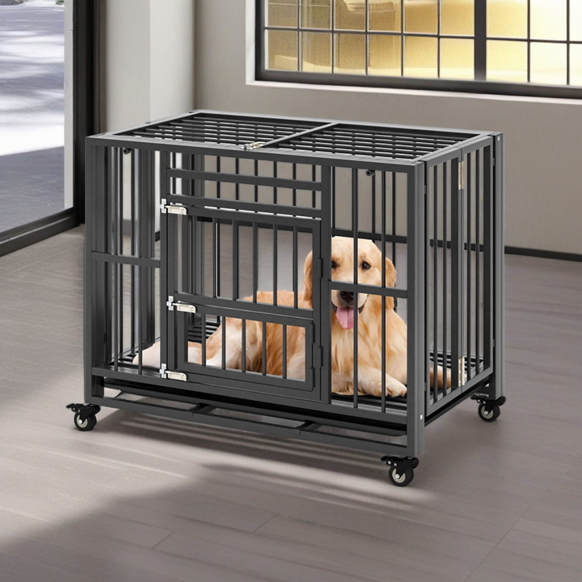 resenkos 37" Foldable Heavy Duty Dog Cages, Metal Escape Proof Kennel, Chew-proof Dog Crates for Medium Dogs with Tray, Black
