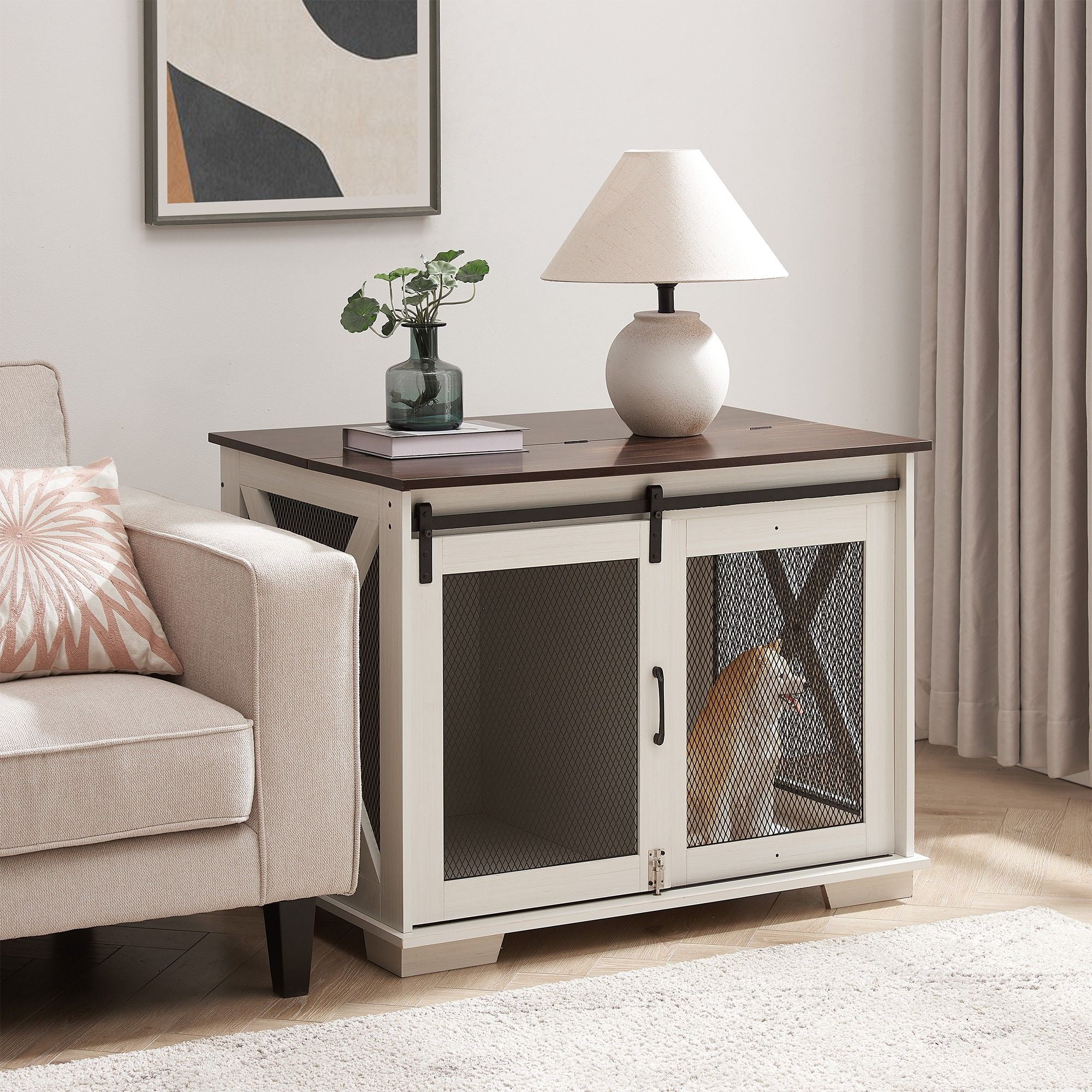 White Medium Farmhouse Dog Crate Table with Metal Mesh