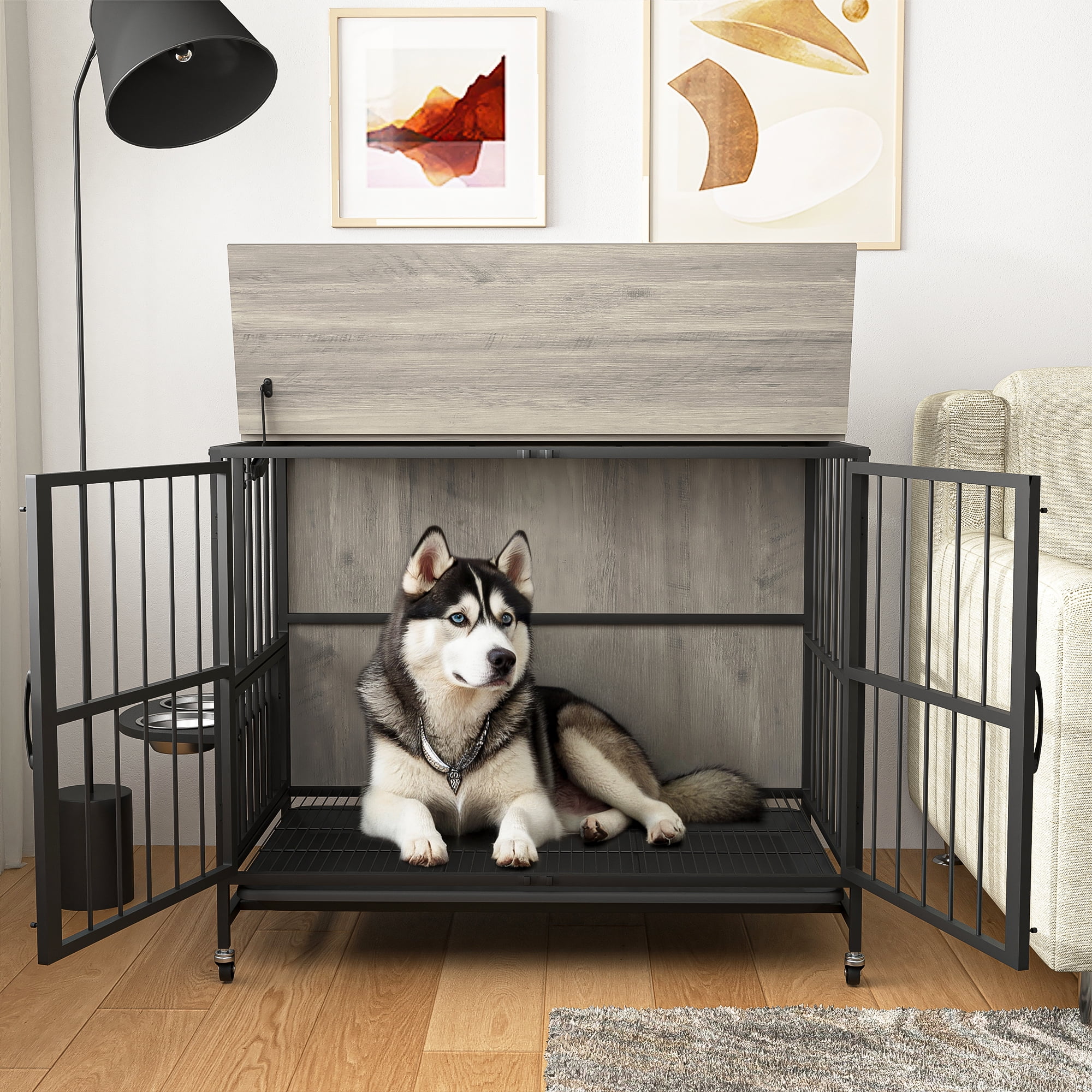 resenkos 37" Furniture Style Dog Crate with Feeding Bowl, Wheels, Kennel with Removable Trays, Indoor Dog Cage Flip-Up Top Opening, Gray