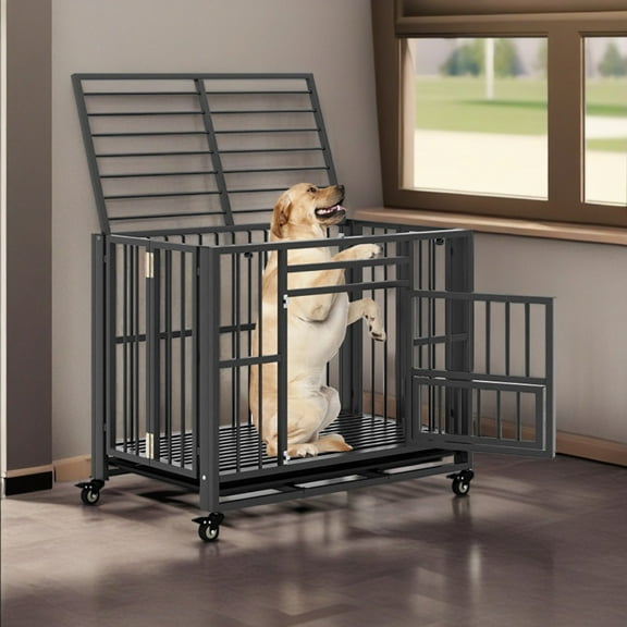 Demi Bonn 37" Heavy Duty Dog Cages with Tray, Metal Escape Proof Kennel with Lockable Wheels, Dog Crates for Medium Dogs, Indoor Rabbit Hutch, Black