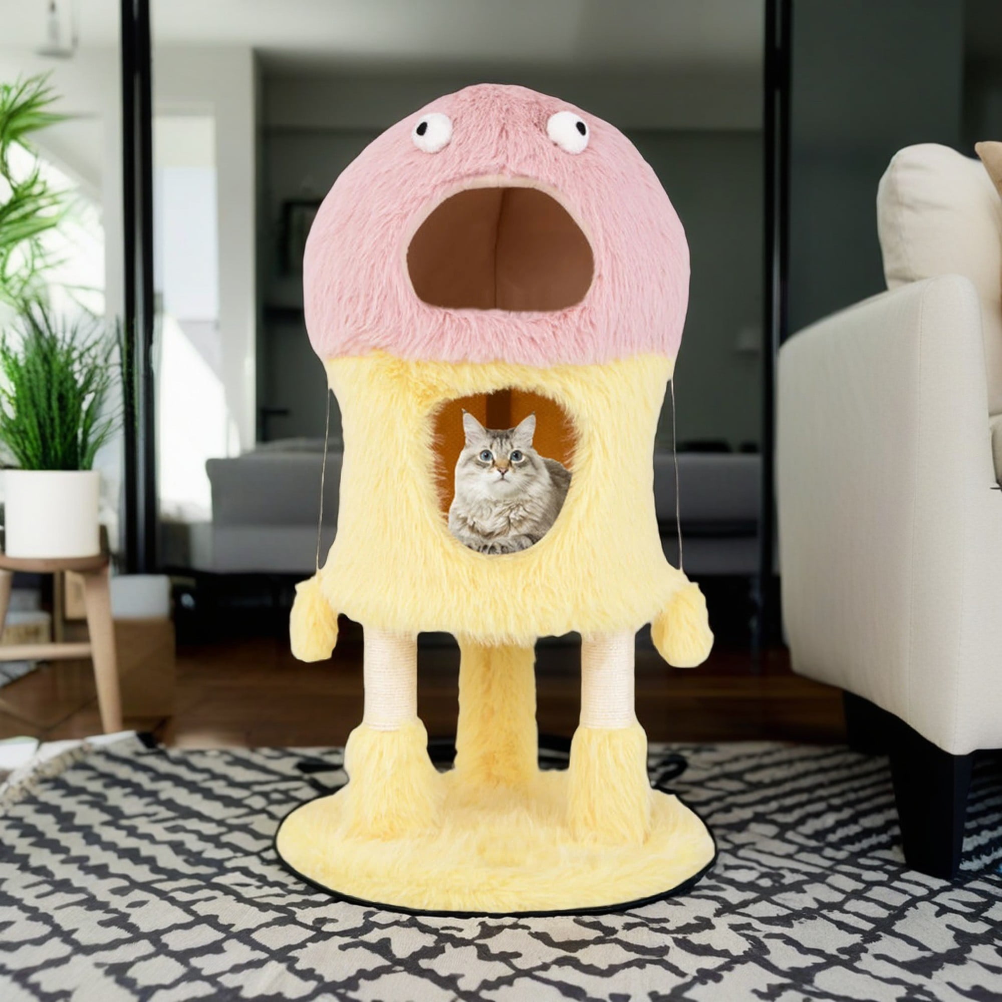 Kadyn 37" Monster-Themed Cat Tree Tower with 2 Condo, Kitten Plush Habitat with Scratch Posts Toy Cat Tree House, Yellow